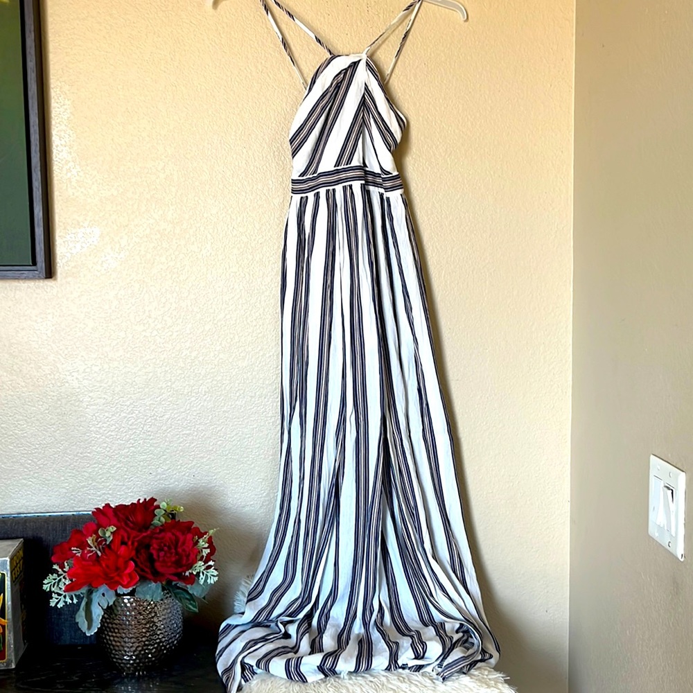 A. Calin ByFlying TomatoStriped White Navy Beige Maxi Dress sz M - Picture 2 of 13